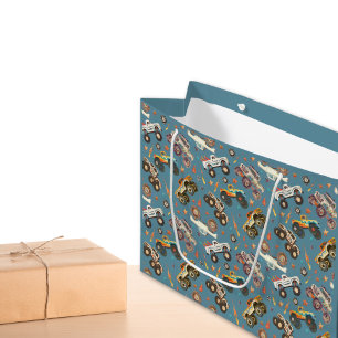 Modern Monster Trucks Blue Boys Watercolor Pattern Large Gift Bag