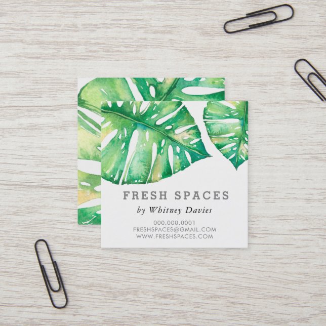 MODERN MONSTERA LEAF stylish health green Square Business Card (Front/Back In Situ)
