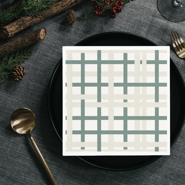 Modern Montauk Grid Green & Beige Napkin (Creator Uploaded)