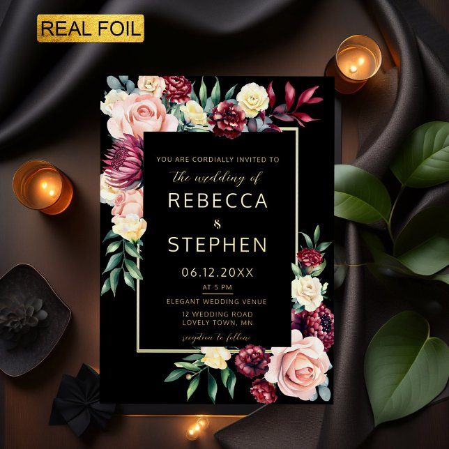 Modern Moody Dark Burgundy Floral Gold Wedding (Creator Uploaded)