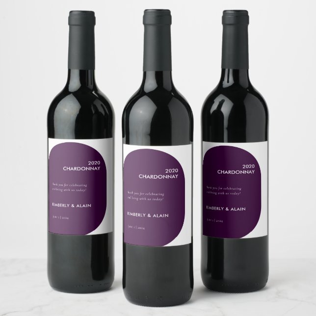 Modern Moody Dark Geometric Solid Purple Wedding Wine Label (Bottles)