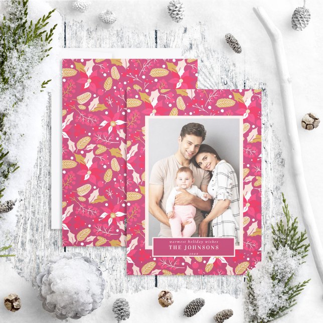 Modern Moody Dark Pink Red Poinsettia Photo Holiday Card (Creator Uploaded)