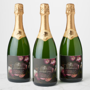 Modern Moody Floral Wedding Dark Romantic Sparkling Wine Label
