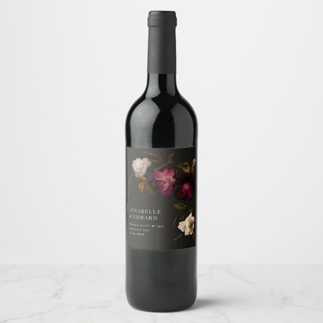 Modern Moody Floral Wedding Dark Romantic Wine Label (Front)