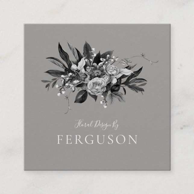 Modern Moody Grey Tone Floral Square Business Card (Front)