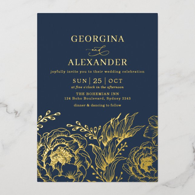 Modern Moody Navy Blue Gold Botanicals Wedding (Front)