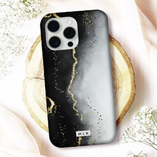 Modern Moody Ombre Black Agate and Custom Monogram iPhone 15 Pro Max Case