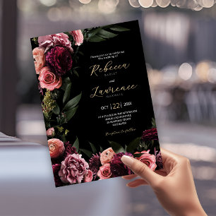Modern Moody pink floral wedding Invitation