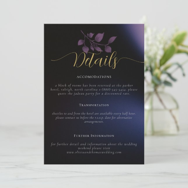 Modern Moody Purple Floral Wedding Enclosure Card (Standing Front)