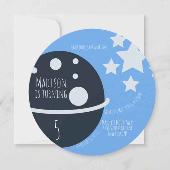 Modern Moon Birthday Party Round Invitation (Front)