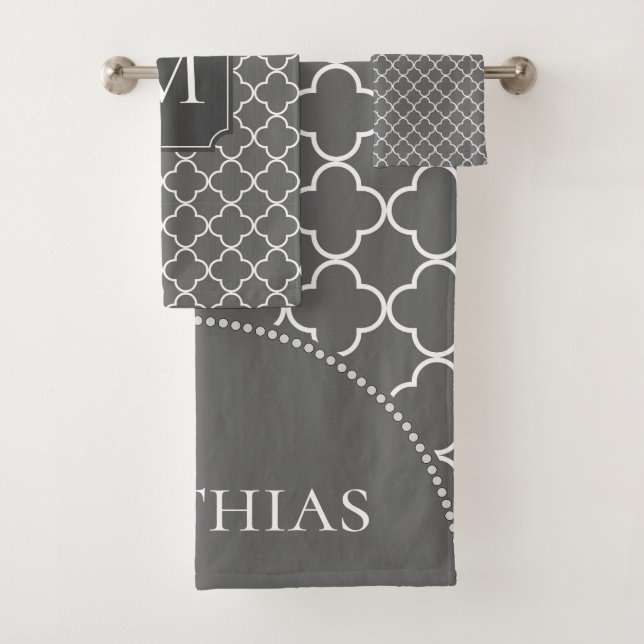 Modern Moroccan Pattern Grey Monogram Bath Towel Set (Insitu)