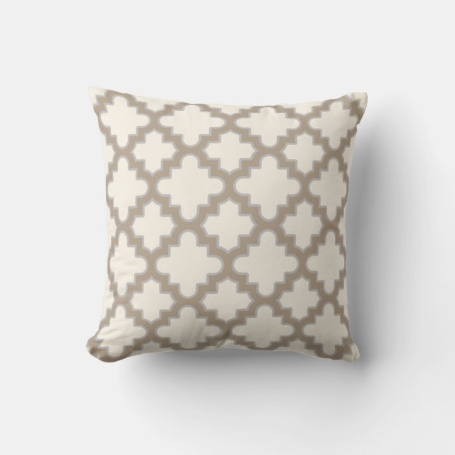 Modern Moroccan Quatrefoil in Cream Tan Grey Cushion (Front)