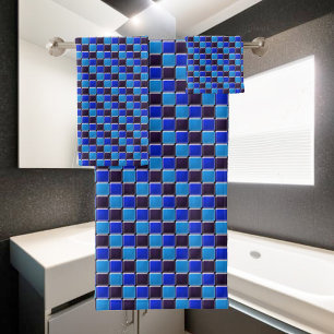 Modern mosaic in black, royal blue and light blue bath towel set