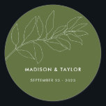 Modern Moss Green Botanical Floral Wedding Favour Classic Round Sticker<br><div class="desc">Modern Simple Moss Green Botanical Floral Wedding Favour Sticker or Envelope Seal. This Wedding Stationery Item is part of my Modern Botanical Line Drawing Wedding Suite including wedding invitations,  RSVP cards and more.</div>