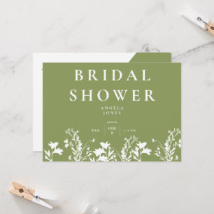 Modern Moss Green White Wildflower Bridal Shower  Invitation