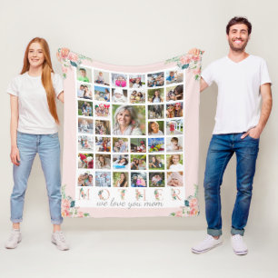 Modern MOTHER Photo Collage Floral Blush Pink Fleece Blanket