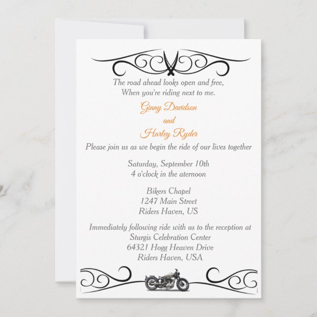 Modern Motorcycle Black & White Wedding Invitation (Front)
