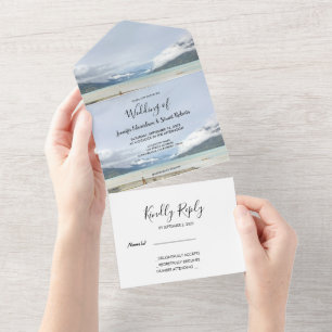 Modern mountain summer beach wedding all in one invitation