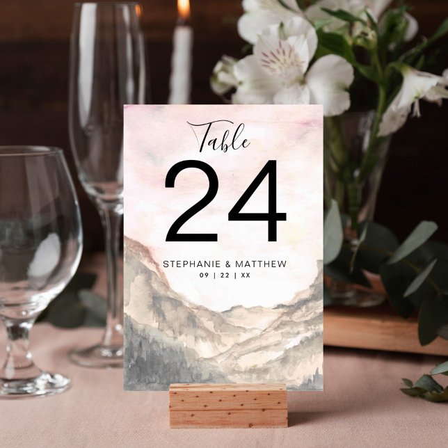 Modern Mountain Watercolor Wedding Table Number (Pink mountain watercolor rustic design table number card is perfect for your wedding reception.)