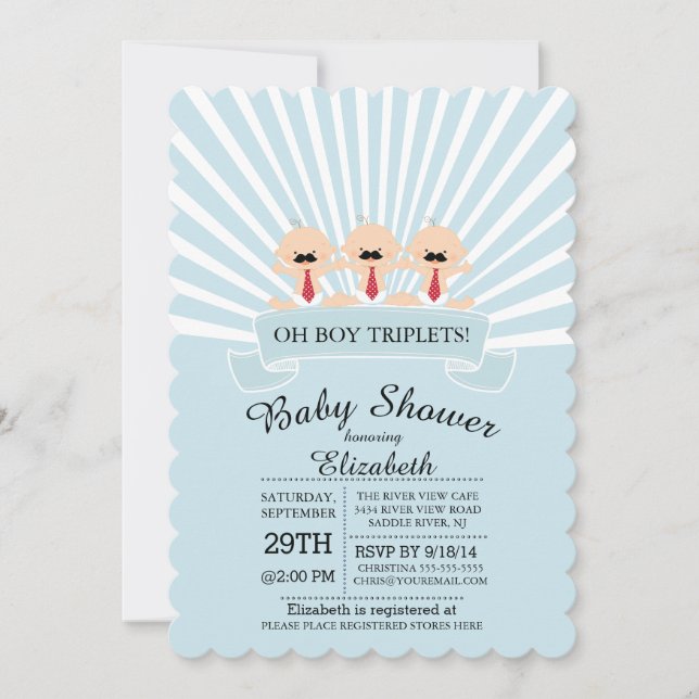 Modern Moustache Triplet Boy Baby Shower Invitatio Invitation (Front)