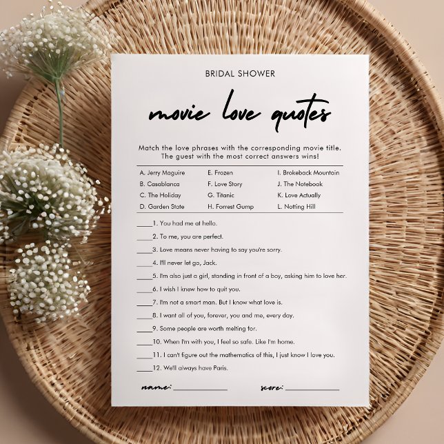 Modern Movie Love Quotes Bridal Shower Game Card (Creator Uploaded)