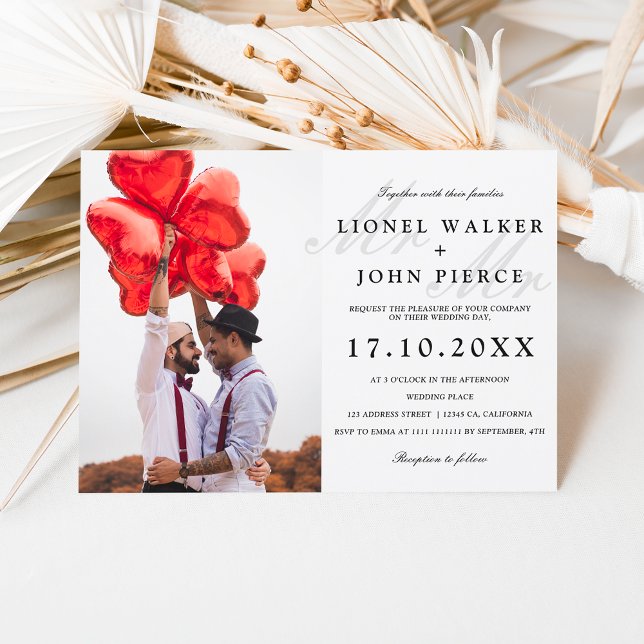 Modern mr and mr minimalist photo gay wedding invitation (Creator Uploaded)