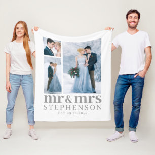 Modern MR AND MRS 3 Photo Wedding Keepsake Fleece Blanket
