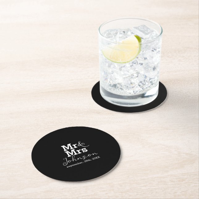 Modern Mr and Mrs Black and White Wedding  Round Paper Coaster (Insitu)