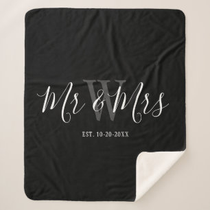 Modern Mr and Mrs Black Script Monogram Wedding Sherpa Blanket