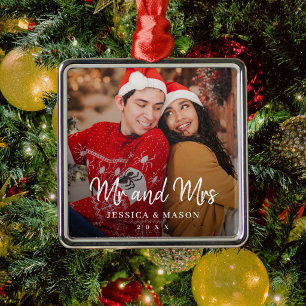 Modern Mr and Mrs Newlywed couple photo Christmas Metal Tree Decoration