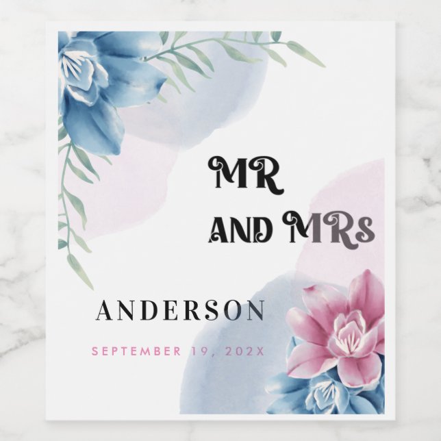 Modern Mr. and Mrs. party wedding eucalyptus wine  Label (Single Label)