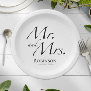 Modern Mr. and Mrs. Script   Black & White Wedding Paper Plate