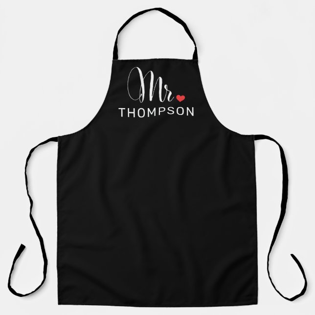 Modern Mr Calligraphy Heart Monogram Black Apron (Front)