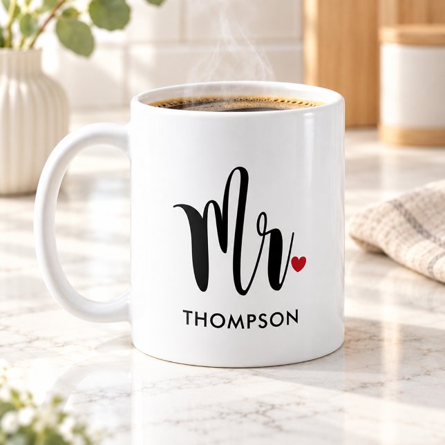 Modern Mr Calligraphy Heart Monogram Coffee Mug (Creator Uploaded)