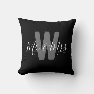 Modern Mr Mrs Black White Monogram Cushion
