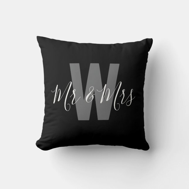 Modern Mr Mrs Black White Monogram Cushion (Front)