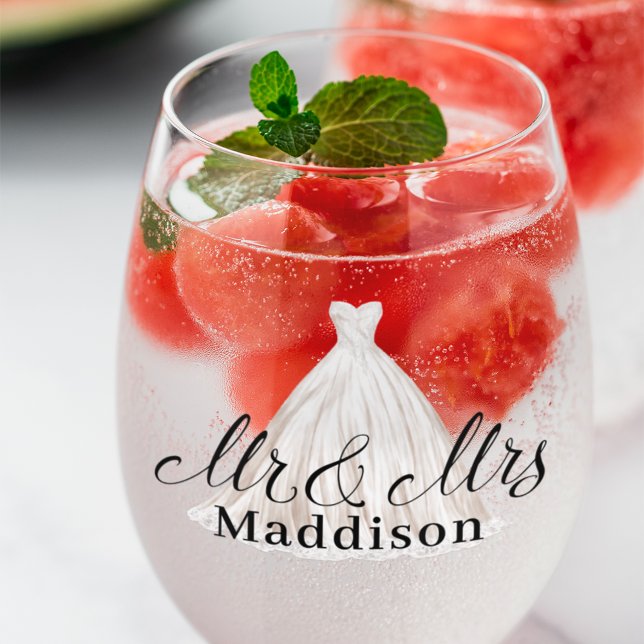 Modern Mr & Mrs Classic White Wedding Dress Stemless Wine Glass (Creator Uploaded)