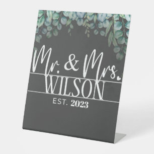 Modern Mr & Mrs Established Eucalyptus Wedding Pedestal Sign