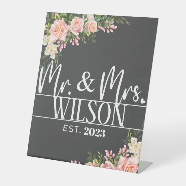 Modern Mr & Mrs Established Pink Rose Wedding Pedestal Sign (Front)