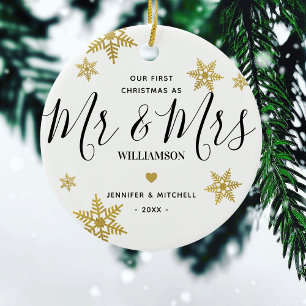 Modern Mr & Mrs Gold Snowflake Our 1st Christmas Ceramic Tree Decoration