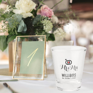 Modern Mr Mrs Name Date & Rings Design, Wedding Shot Glass