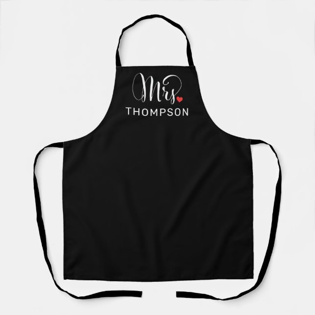 Modern Mrs Calligraphy Heart Monogram Black Apron (Front)