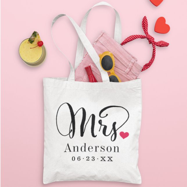 Modern Mrs Heart Calligraphy Monogram Tote Bag (Creator Uploaded)