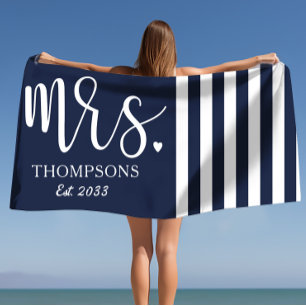 Modern Mrs. Script Nautical Navy & White Stripes  Beach Towel