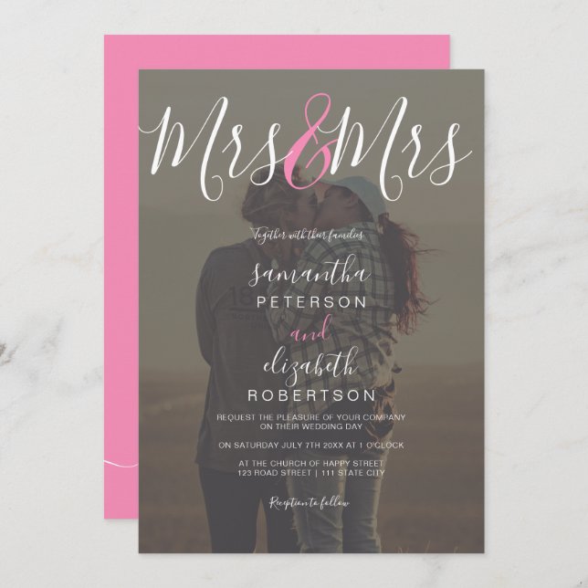 Modern mrs script pink photo lesbian wedding invitation (Front/Back)