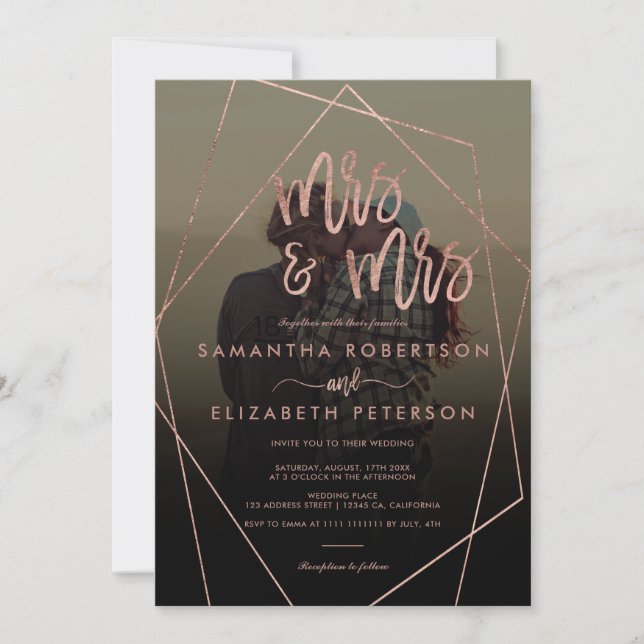 Modern mrs script terrarium photo lesbian wedding invitation (Front)