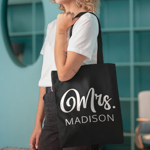 Modern Mrs White and Black Script Wedding Monogram Tote Bag