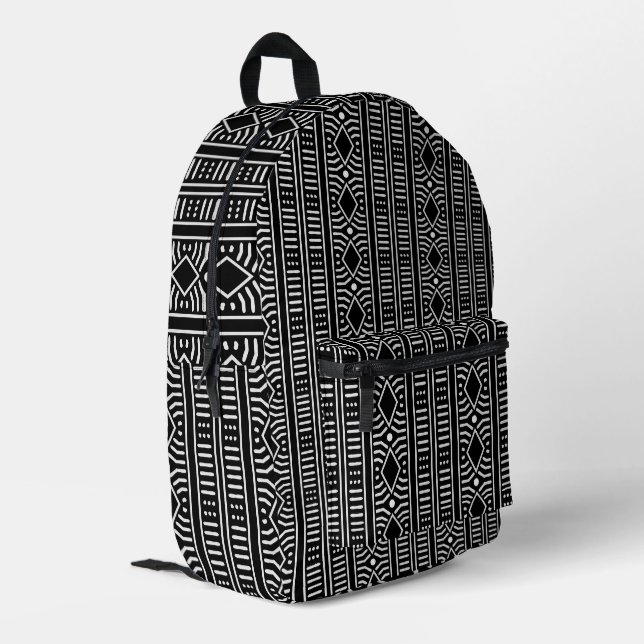 Modern Mudcloth Black And White Printed Backpack (Back Corner Left)