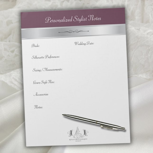 Modern Mulberry Bridal Stylist Consultation Notepad (Modern mulberry and silver bridal boutique stylist memo notepad template.)