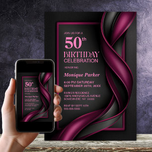 Modern Mulberry Red and Black 50th Birthday Party Invitation